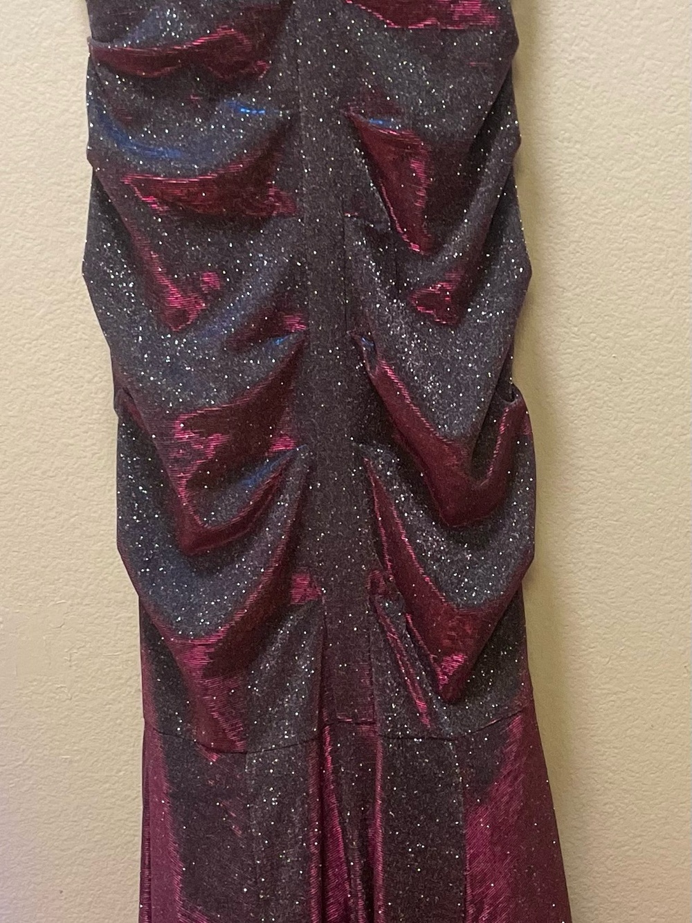 Xscape Sparkle Ruched Gown in Burgundy and Black